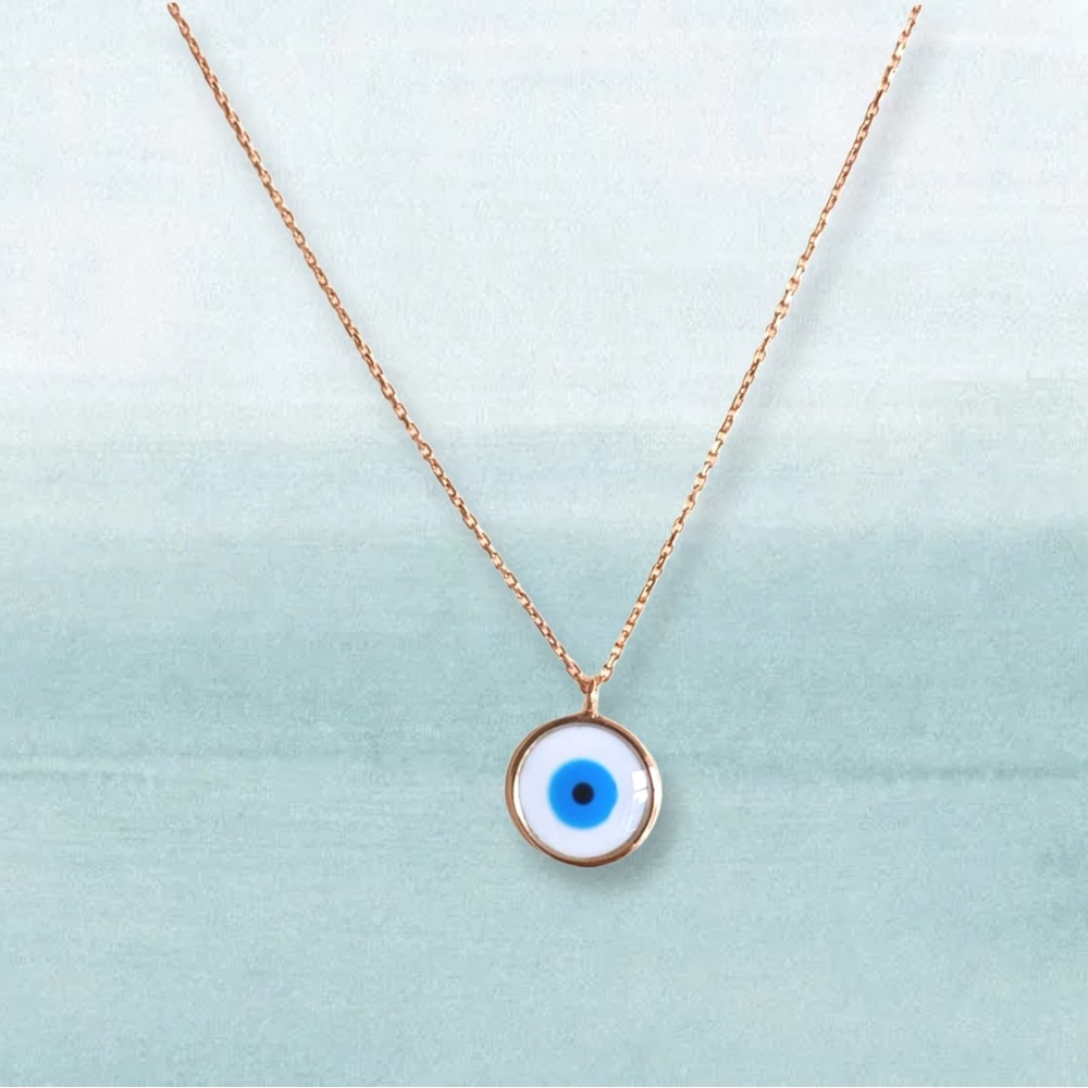 NEW 14k Rose Gold Evil Eye Glass Pendant Necklace 585 Turkey